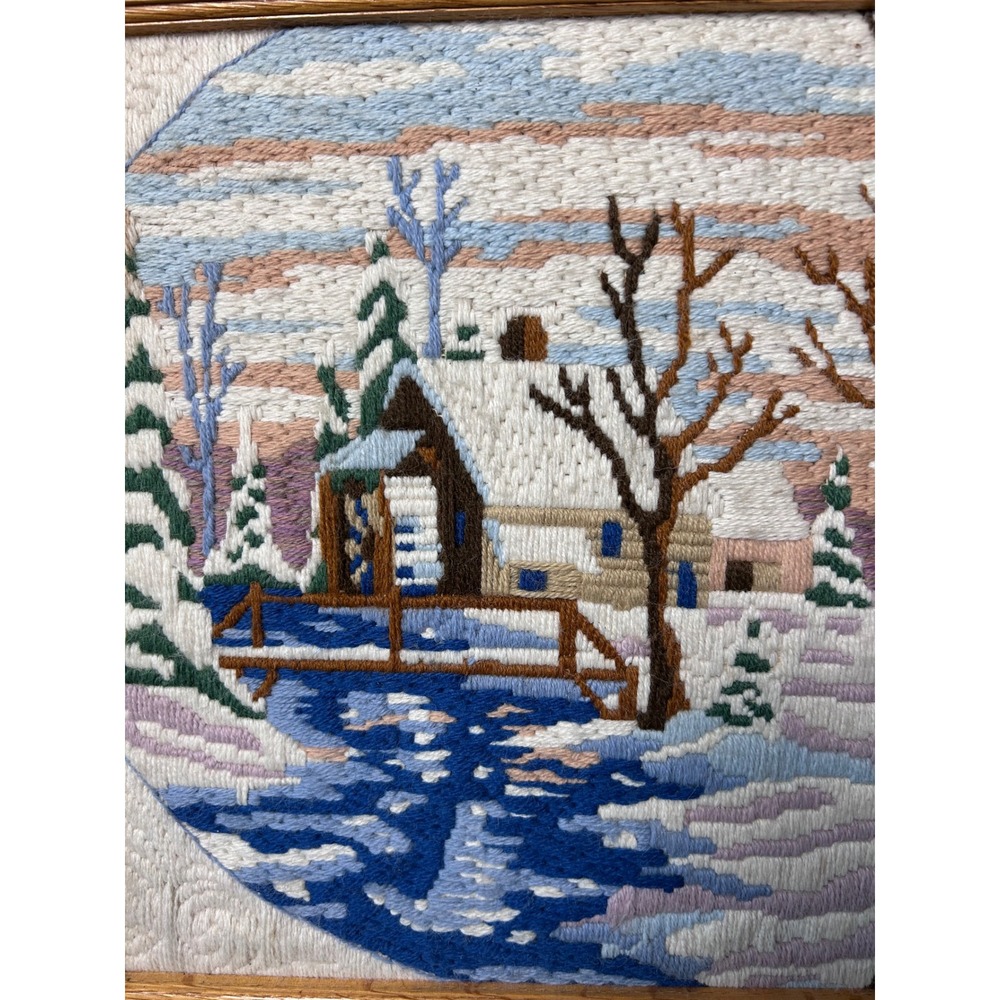 Vintage Crewel Yarn Embroidered Winter Scene Cabin River Framed Wall Art 20x15 - Picture 2 of 7